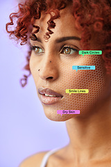 Image showing Skincare, overlay and face of woman with label for beauty, facial treatment and wellness in studio. Dermatology, mockup and hologram on person for anti aging, results and cosmetics on blue background