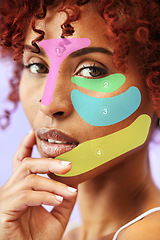 Image showing Skincare, hologram and portrait of woman for beauty, facial treatment and wellness on blue background. Dermatology, mockup and face on person for anti aging, spa overlay and cosmetics in studio