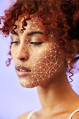 Image showing Skincare, facial recognition and grid for beauty with a woman on a purple background in studio. Face, future and innovation with a young model digital scanning her skin for change or transformation