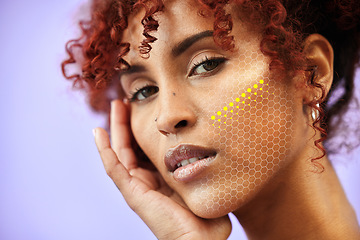 Image showing Skincare, hologram pattern and portrait of woman for beauty, facial treatment and wellness in studio. Dermatology, mockup and face of person for anti aging, makeup and cosmetics on blue background