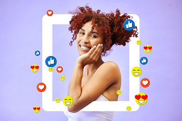 Image showing Social media, portrait and woman in a frame for a blog, post or profile picture of influencer with support of online following. Happy, face or model in studio background and border or website overlay
