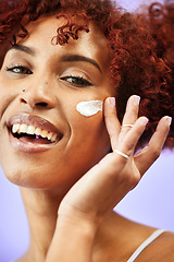 Image showing Beauty, studio portrait or happy woman with cream product, melasma treatment results or collagen skincare. Facial hydration, face routine or girl smile for dermatology acne creme on purple background