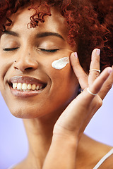 Image showing Beauty face, eyes closed and happy woman with cream application, melasma treatment or collagen skincare product. Hydration lotion, sunscreen and girl smile for studio acne creme on purple background