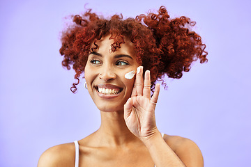 Image showing Skincare, studio face or happy woman with cream for wellness care, skin protection and test facial hydration product. Sunscreen, happiness or clean person with cosmetics ointment on purple background