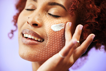 Image showing Beauty, skincare overlay or woman with face cream or sunscreen creme product in grooming routine. Dermatology cosmetic, purple background or biracial model with smile to apply facial lotion in studio