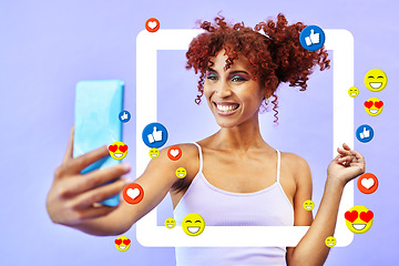 Image showing Social media, selfie and woman in a frame for a blog, post or profile picture of influencer with support of online audience. Happy, face or blogger in studio background with border or website overlay