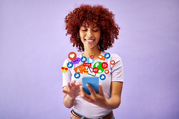 Image showing Smile, chat and a woman with a phone for social media, networking or digital marketing. Happy, reaction and a girl reading on a mobile with a notification icon on a purple background for an app