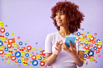 Image showing Phone, social media and emoji notification with a black woman in studio on a purple background for communication. Mobile, app and reaction with a happy young person using technology to like a post