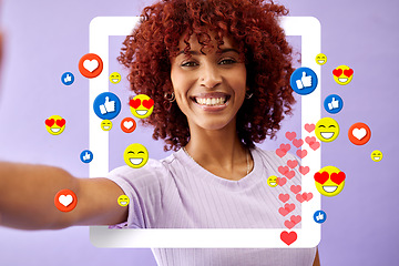 Image showing Selfie of happy woman influencer, social media and emoji in studio to like, subscribe and review. Frame, photography and girl on live stream with purple background with notification icon on video app