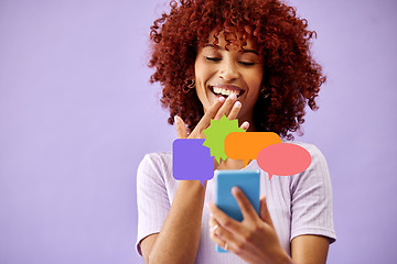 Image showing Phone, smile and woman on social media speech bubble in studio isolated on a purple background mockup space. Smartphone, communication and happy person on chat, feedback and voice notification online