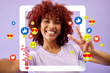 Image showing Selfie of woman with peace sign, social media and emoji in studio to like, subscribe and review. Frame, face and streamer girl on purple background with notification icon, hand gesture and online app