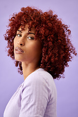 Image showing Hair, portrait and woman in studio for beauty, wellness or texture treatment on purple background space. Natural haircare and face of female model with fun, red or afro, growth or profile dye results