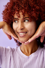Image showing Beauty, skincare and woman with face recognition for natural, wellness and health routine. Self care, digital hologram and young model with facial cosmetic treatment overlay by a studio background.