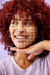 Image showing Beauty, makeup and young woman with digital overlay for natural cosmetic routine. Self care, 3d scan and face of Mexican female model with facial cosmetology treatment analysis by studio background.