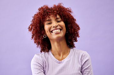 Image showing Natural, African beauty and portrait of woman in fashion with confidence, pride and smile on purple background in studio. Happy, face and collagen cosmetics for afro or dermatology skincare in salon