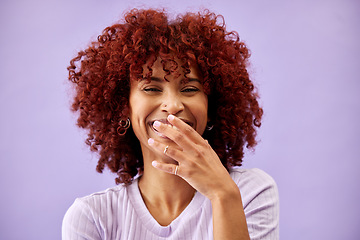 Image showing Hair, happy and portrait of woman laughing in studio for red, dye or afro makeover on purple background. Haircare, transformation or face of lady model laugh at funky color, change or cosmetic result