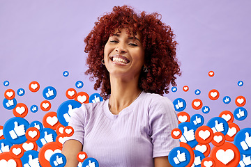 Image showing Portrait of happy woman with social media like emoji in studio to love, subscribe and review. Smile, face and girl on purple background with notification icon for vote, opinion and networking online.