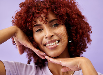 Image showing Skin science, portrait and face of woman for innovation, skincare and beauty in studio on purple background. Futuristic. person and smile with overlay and grid for cosmetic and cosmetology health