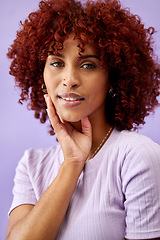 Image showing Self care, beauty and portrait of woman in studio with salon curly hair treatment and makeup. Cosmetic, natural and young model from Colombia with afro hairstyle and cosmetology by purple background.