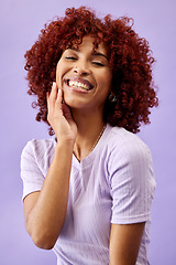 Image showing Cosmetic, skincare and portrait of happy woman in studio for natural, beauty and glamour routine. Makeup, smile and face of Mexican young model with facial cosmetology treatment by purple background.