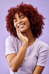 Image showing Skincare, makeup and young woman in a studio for natural, cosmetic and glamour face routine. Beauty, smile and happy female model from Colombia with facial cosmetology treatment by purple background.