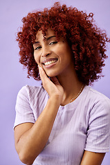 Image showing Happy, makeup and portrait of woman in a studio with natural, beauty and glamour face routine. Self care, cosmetic and young female model from Mexico with facial cosmetology by a purple background.