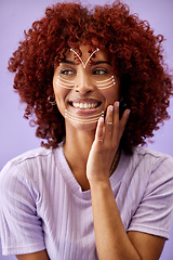 Image showing Facial recognition, shape and a woman on a purple background for skincare, wellness or beauty. Smile, thinking and a young girl or female model with lines on face for wrinkles, aging or lifting