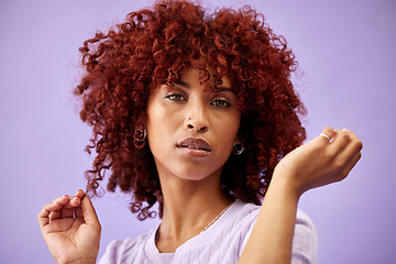 Image showing Hair care, portrait and face of black woman with natural afro and growth for glow and shine in studio on purple background. Wellness, person and healthy texture of cream and argon oil cosmetics