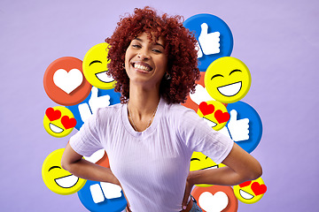 Image showing Influencer, portrait of woman with smile and emoji in studio to like, subscribe and review on post. Happy, face and streamer girl on purple background with notification icon opinion on social media.