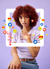 Image showing Portrait of woman influencer, social media and emoji in studio to like, subscribe and review. Frame, face and streamer girl on purple background with notification icon overlay, opinion and networking