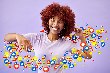Image showing Happy woman, content creator and social media emoji in studio to like, subscribe and review online. Smile, face and streamer girl on purple background with notification icon for vote, opinion and app