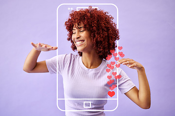 Image showing Studio, woman influencer and social media icon to like, subscribe and review online with smile. Frame, face and streamer girl on purple background with notification emoji on phone for networking app