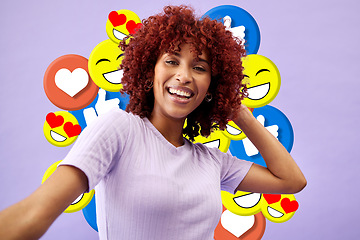 Image showing Selfie of woman influencer, social media and emoji in studio to like, subscribe and review online. Photography, content creation and girl on purple background with notification icon on live stream.