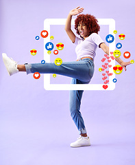 Image showing Excited woman influencer, social media and emoji in studio to like, subscribe and review. Frame, kick and streamer girl on purple background with notification icon overlay, happiness and digital app