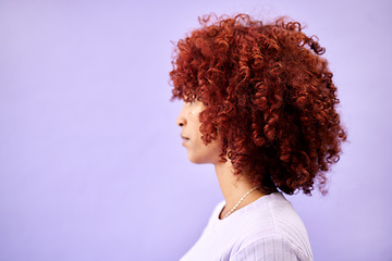 Image showing Hair, profile and woman in studio for natural beauty, cosmetic or wellness on purple background. Haircare, side and lady model posing with red afro growth, texture or dye satisfaction and results