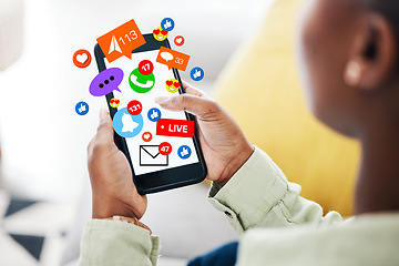 Image showing Phone, notification icon or black woman on social media online dating for chat texting communication. Like, heart emojis overlay or person typing on app screen, website or digital network at home