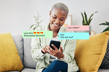 Image showing Phone, message icon or black woman online dating for communication, chat texting or social media. Smile, heart emojis overlay or happy African lady typing on app or website or digital network at home