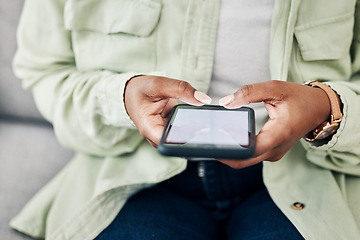Image showing Phone, screen or hands of woman online for email communication, chat texting or social media. Reading news, closeup or person typing on app to scroll website or digital network on couch at home