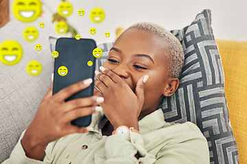 Image showing Black woman on sofa with phone, laughing and emoji on social media, message or video online. Happy face, smile and internet, girl on couch with digital app on smartphone and funny viral meme in home.