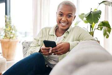 Image showing Woman, portrait and smile with phone on couch for social media post, search tech contact or subscription to mobile games. Happy african person, smartphone user and download digital multimedia at home