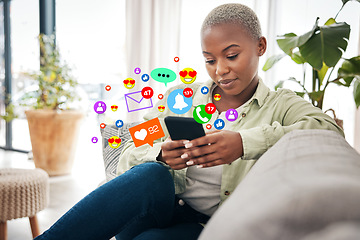 Image showing Black woman on sofa with phone, browse and emoji on social media, message or video online. Connect, chat and internet, girl on couch with digital app on smartphone and viral meme or post in home.