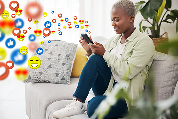 Image showing Woman, phone and emoji icon for social media on home sofa for connection, content or platform. African person smile at smartphone for communication app, network and like or love reaction overlay