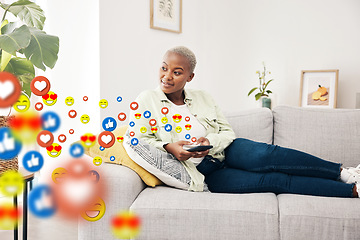 Image showing Phone, thinking and black woman with social media icons, mobile app emojis and online blog post, feedback or review. Home cellphone, ideas and user communication, opinion and relax on lounge sofa