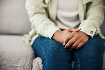 Image showing Stress, hands and woman on a sofa with depression after news of cancer or diagnosis in her home. Anxiety, zoom and female with mental health crisis for infertility results, disaster or mistake fail
