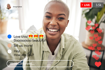 Image showing Selfie portrait, black woman and live streaming social media video, online comment or broadcast feedback, notification or communication. Home content creator, app screen face and influencer recording