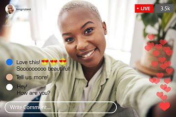 Image showing Selfie portrait, happy black woman and live streaming social media post, online opinion comment or filming vlog broadcast. Home smile, screen face or influencer record video, podcast or communication