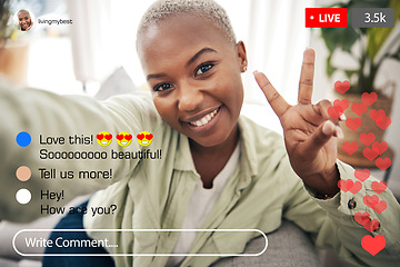 Image showing Selfie portrait, peace sign and live streaming black woman, social media influencer and vlogger record broadcast. V emoji, face screen and content creator filming video, home podcast or communication