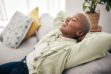 Image showing Tired, happy or black woman on sofa to relax in living room with head on hand for sleeping or nap time. Eyes closed, smile or calm African person resting on couch in apartment home or house for peace