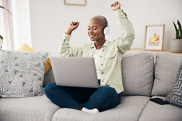 Image showing Music, dance and black woman with laptop on sofa with headphones, happy and free at home. Radio, earphones and African female dancing to online feel good podcast in living room smile for subscription