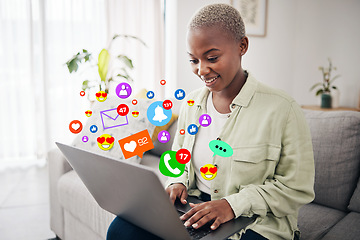 Image showing Laptop, social media icon or happy woman typing for communication, message or online chat. Emojis, notification overlay or African person on app to scroll on dating website or digital network at home